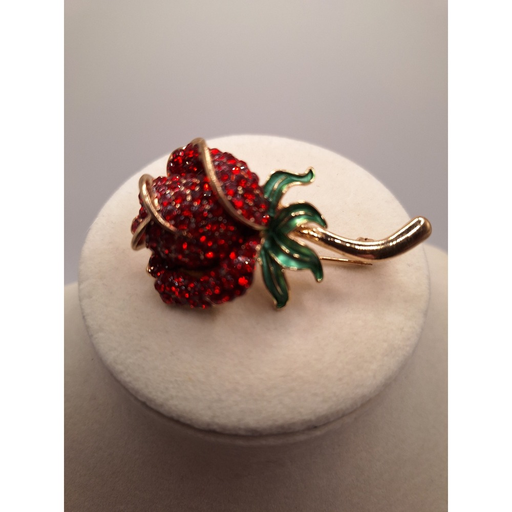 Vintage Monet red rose brooch on stem rhinestones green enamel gold tone